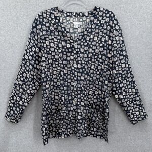 CLIO 100% Silk Button Front Shirt Top Blue Beige‎ Abstract Print Pockets Sz M